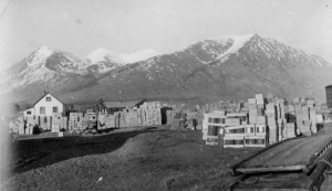 Ration and food supply at Carcross for 1200 men of the 93rd Engineers working on the Alaska Highway. This massive pile of rations will last for two months. 1942 