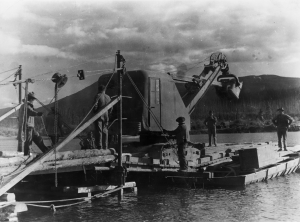 Osgood Shovel on Nisutlin Bay Pontoon Ferry. 1942