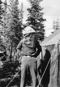 Lt. Timberlake of the 93rd Engineers wears his campaign hat draped with mosquito netting.