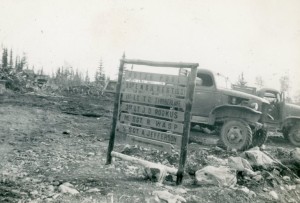 Sign identifies 93rd Engineer Motor Pool personel at Morley Bay; 1st Lt. T.G.Timberlake, 2nd Lt. J.D. Rookus, SSgt Alexander Jefferson and MSgt Rogers Wasp. 1942