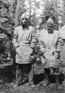 Capt. Egge and Lt. Squires, of the 93rd Engineers, wearing new parkas for the severe cold winters on the Alaska Highway. 1942