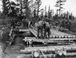 93rd Engineers building Dead Man's Creek Bridge on the Alaska Highway. 1942