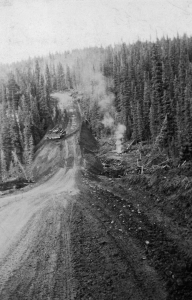 Alaska Highway construction pushes 93rd Black Soldiers southeast toward Teslin Village. 1942