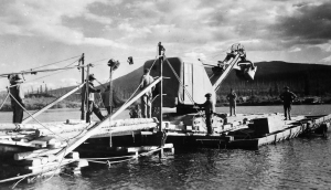 Nisutlin Bay ferry transporting a Osgood Shovel. 1942