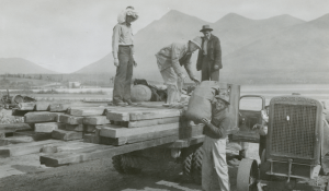 In Carcross, the PRA loaded bedrolls and lumber and headed for McClintock River Bridge. Aug 1942