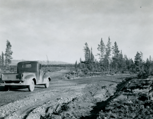 Alaska Highway pioneer road in October of 1942. Turn right for Carcross and left for Whitehorse.