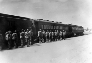 Black soldiers boarding the Rock Island RR at Camp Livingston, LA on their way to build the Alaska Highway 1942.