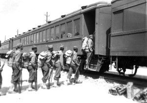 Black soldiers boarding the Rock Island RR on their way to build the Alaska Highway 1942.